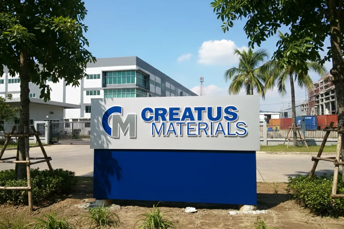 ป้ายหน้าโรงงาน Creatus Materials สีน้ำเงินขาว