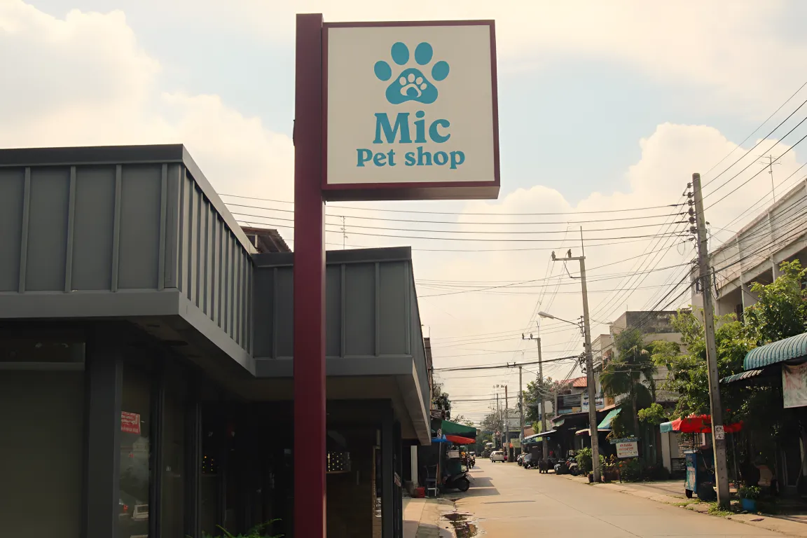 ป้ายเสาร้านสัตว์เลี้ยง Mic Pet Shop พร้อมโลโก้รอยเท้าสัตว์