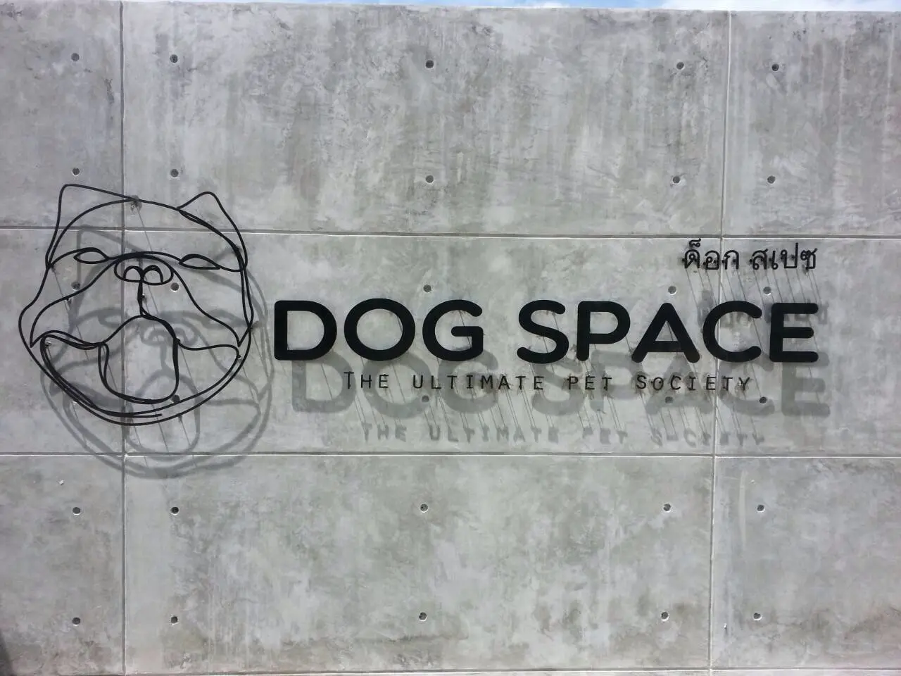 ป้ายสแตนเลสสีดำ DOG SPACE ด็อก สเปซ The Ultimate Pet Society พร้อมโลโก้หน้าสุนัขติดผนังปูน